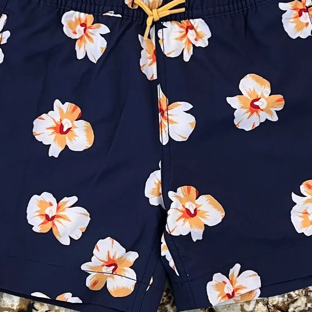 NWT J. Crew Boys' Navy W/ Gold & White Tropical Floral Swim Trunk